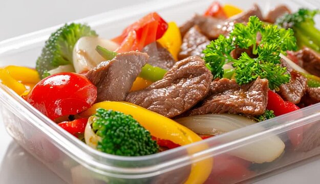 Close-up of plastic tray with beef and vegetables on white background.