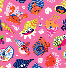 Happy shellfolk seamless pattern, pink background