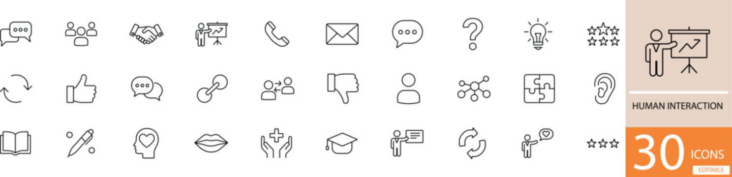 Flat line vector human interaction icon set showing people communication, relationships, and social connection concepts in clean minimal style. Perfect for social, business, and community design use.