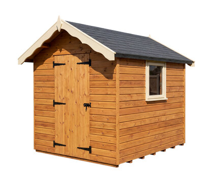 Traditional timber shed with decorative eaves.