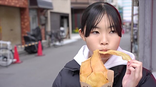 浅草で食べ歩きをする10代の女性