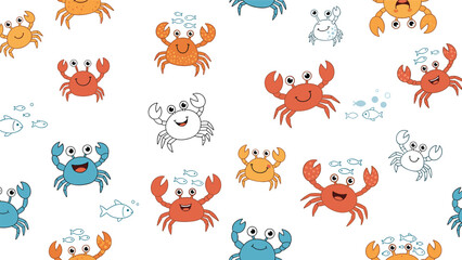 Obraz premium Vibrant seamless pattern of various colorful cartoon crabs and small fish swimming together on a clean white background.