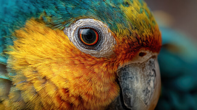 Close-Up of a Parrot's Eye Surrounded by Vibrant Feathers