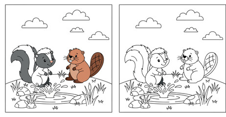 Happy skunk and brown beaver standing near water splash, cute wild animals in nature, vector illustration for children book or coloring page © MstSangita