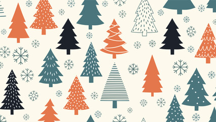 Obraz premium Festive seamless pattern of various stylized Christmas trees in different colors and patterns with delicate white snowflakes.