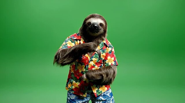 A sloth wearing a vibrant Hawaiian shirt and patterned shorts stands against a bright green screen background, ready for digital compositing.