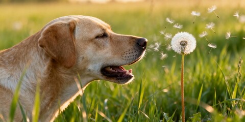 A labrador staring at dandelion fluff