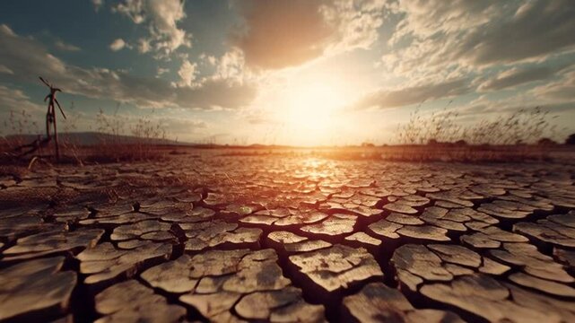 parched earth landscape with cracked dry soil at sunset