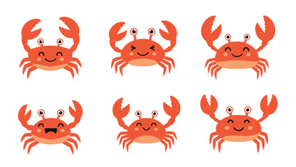 Obraz premium Set of six adorable orange crab cartoon characters with different facial expressions and poses on a plain white background.