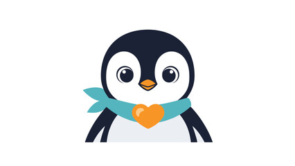 Obraz premium Close up of a cute cartoon penguin wearing a blue scarf with an orange heart brooch isolated on a plain white background.
