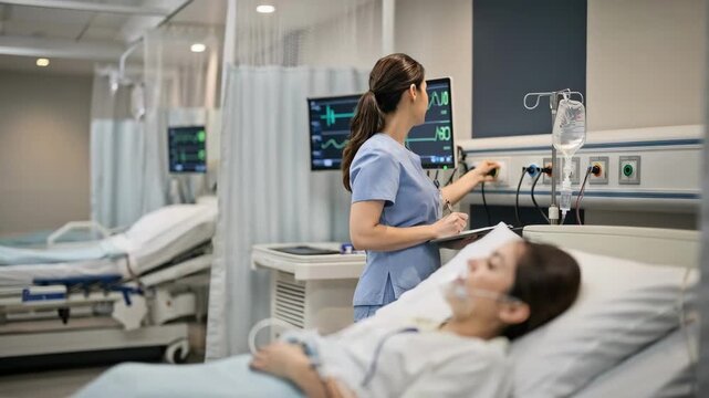 Medium shot in a lowacuity PACU showing a healthcare professional documenting patient info on a tablet with blurred curtains and faint monitors signaling organized recovery spaces.