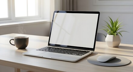 Fototapeta premium Modern laptop in minimal workspace representing technology and productivity.