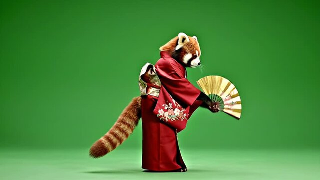 A red panda in a traditional red kimono with floral embroidery holds a golden fan while posing on a vibrant green screen.