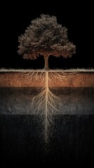 Deep Roots in Soil Tree Growth Black Background Nature Connection