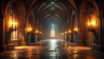 Fototapeta premium gothic arches candlelit stone hallway, dramatic lighting, medieval architecture, warm ambiance, symmetrical columns, historic building, serene and timeless interior perspective.