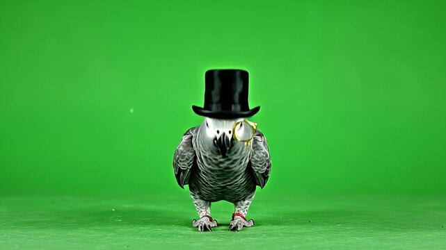 A dapper African Grey Parrot wearing a black top hat and monocle, standing on a green screen background.