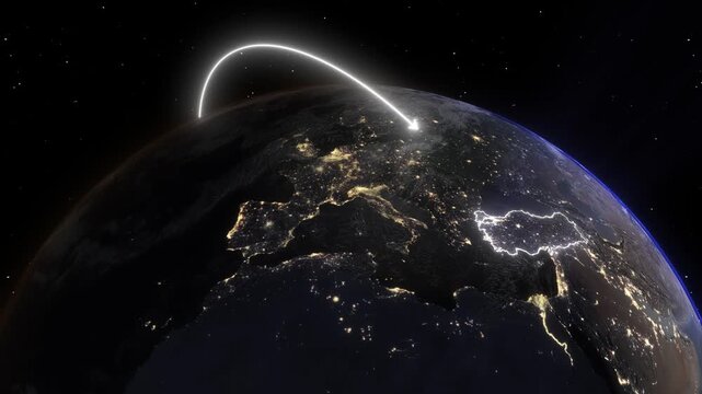 3D Earth Night Flight Path Arc from Seattle United States to Istanbul Turkey