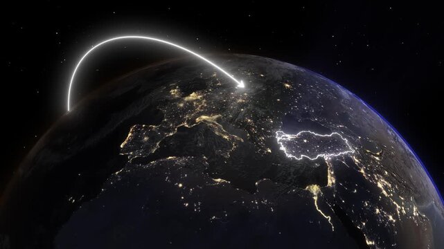 3D Earth Night Flight Path Arc from Toronto Canada to Istanbul Turkey