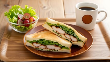 Healthy sandwich with ham lettuce and coffee on wooden table breakfast meal