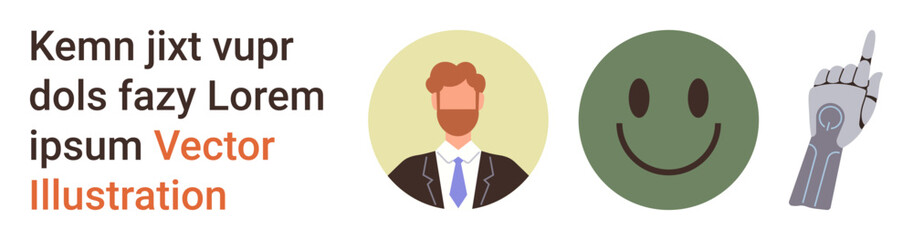 Fototapeta premium Business identity, emotional expression, AI integration, human interaction, innovation, data systems. A man in a suit, green smiling face robotic hand. Business identity and emotional expression
