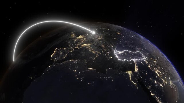 3D Earth Night Flight Path Arc from Miami United States to Istanbul Turkey