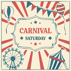 Vintage carnival poster with ferris wheel balloons and tents on light background