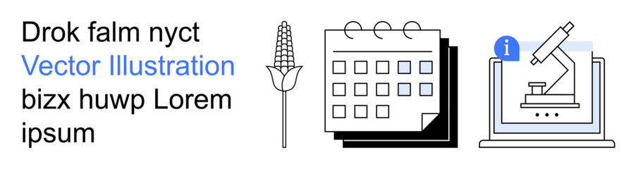 Obraz premium Education, science, research, agriculture, scheduling, planning. Corn stalk, calendar sheets and a microscope icon with an info symbol. Science and agriculture highlighted through visuals