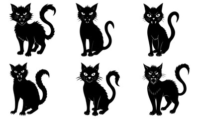Fototapeta premium Collection of black cat silhouettes in various poses and angles showcasing feline elegance and mystique