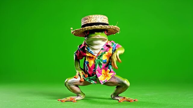 A whimsical frog wearing a straw hat and a vibrant Hawaiian shirt, standing upright against a bright green background.