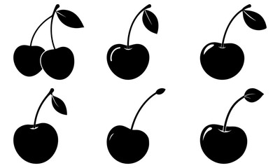 A collection of cherries with leaves, depicted in a simple black silhouette against a plain background, viewed from directly above