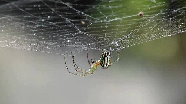 Orchard Orbweaver Spider Spinning Web in Garden