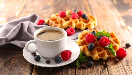 Delicious Waffles with Fresh Berries and Coffee on Wooden Table.
