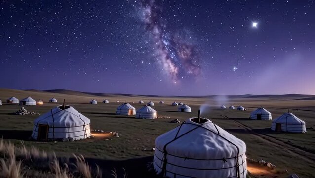 Mongolian Yurts under a Starry Night Sky