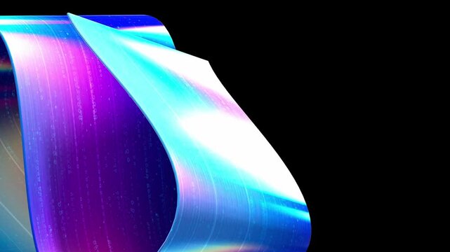 Detailed view of the glowing bright edge of a curled digital ribbon in cyan and white hues with code-like texture on a smooth surface set against a black background