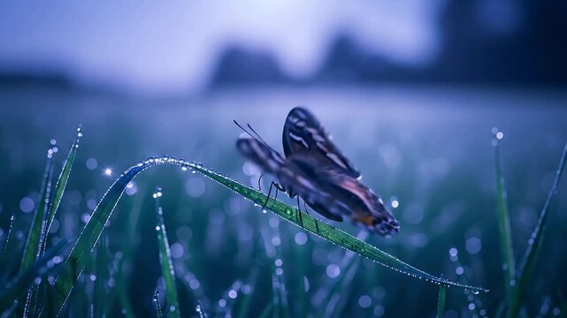 A beautiful butterfly delicately perches on a vibrant blade of green grass, adorned with shimmering morning dew drops. The exquisite details of its patterned wings are visible, set against a soft, eth