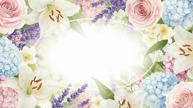 A beautifully animated floral frame blossoms with an array of soft pastel flowers, including elegant white lilies, delicate pink roses, gentle blue hydrangeas, and fragrant purple lavender. The lush b