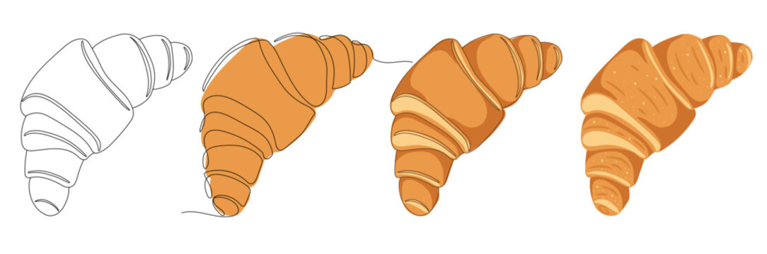 Hand drawn French croissant in different styles. Outline, line art, flat illustration of croissant bakery. Great for design menu cafe,bistro, restaurant, label and packaging