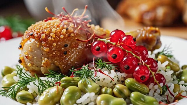 Gourmet roasted chicken drumstick with fava beans, rice, dill, and fresh red currants