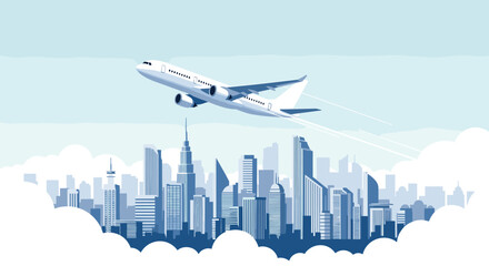 Naklejka premium Large passenger airplane taking off from a city over white clouds against a blue sky in flat illustration style vector.