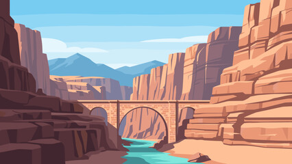 Scenic canyon landscape with bridge and river in flat style