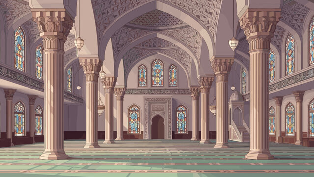 Majestic interior of grand mosque with ornate arches and stained glass windows