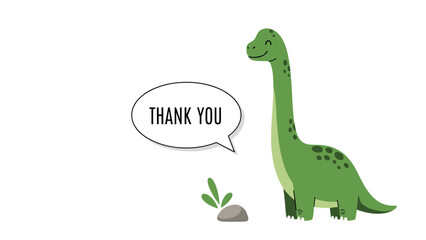 Fototapeta premium Friendly cartoon brontosaurus dinosaur expressing gratitude with a thank you speech bubble isolated on a clean white background.