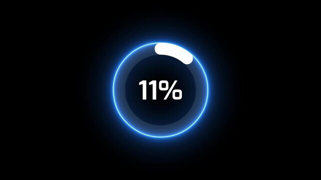 Futuristic neon circular progress bar at 20 percent loading on a black backdrop, digital HUD loading animation concept