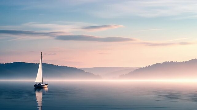 A breathtaking long shot captures a solitary sailboat gliding effortlessly across tranquil, reflective waters during a spectacular sunrise or sunset. The sky transitions through soft pastel hues of pi