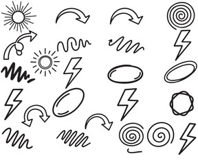 Obraz premium Collection of hand drawn weather and directional symbols
