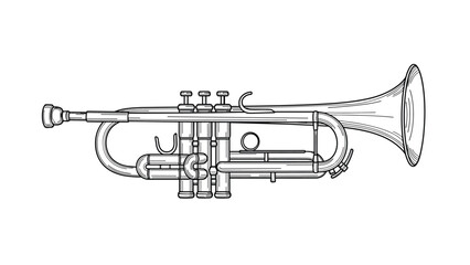 Obraz premium Detailed line drawing of a musical trumpet instrument showing valves and bell in a classic vintage style for educational or design projects.