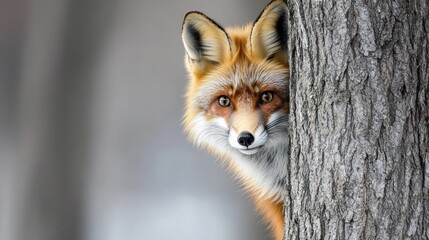Obraz premium Red fox peeking from behind a tree trunk in a forest.