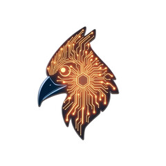 A futuristic illustration of an eagle's head with circuitry patterns, seen from the side, showcasing technology integration.