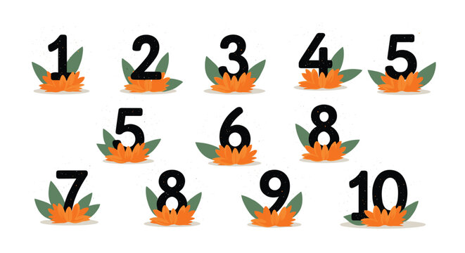 Numeric set from one to ten is creatively decorated with bright orange flowers and green leaves for a festive design.