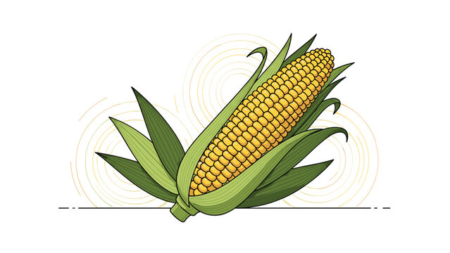 Detailed illustration of a single yellow ear of corn with its fresh green husks partially pulled back on a white background.